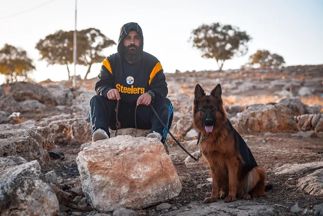 man, dog, german shepherd, pet, leash, dog leash, owner, companion, friendship, together, bearded man, sit, sitting, animal, puppy, outdoors, nature, german shepherd, german shepherd, german shepherd, german shepherd, german shepherd, leash. Pet sitting business insurance: what liability and care policies cost and exclude